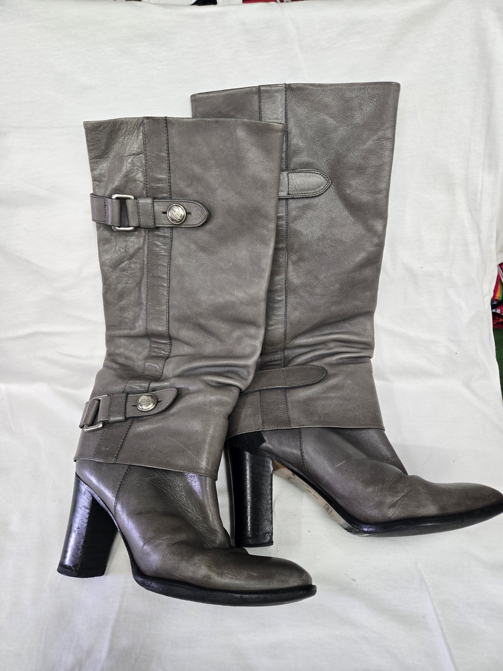 Coach Gray Leather Mid-Calf Heeled Boots with Buckle Detail